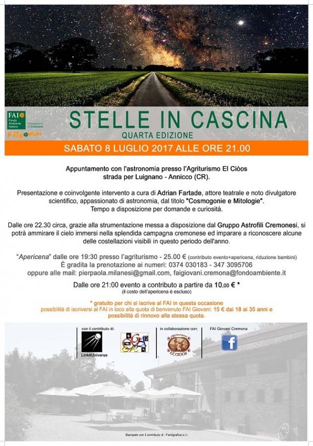 FAI Giovani Cremona STELLE IN CASCINA - IV EDIZIONE stasera sabato 8 luglio 