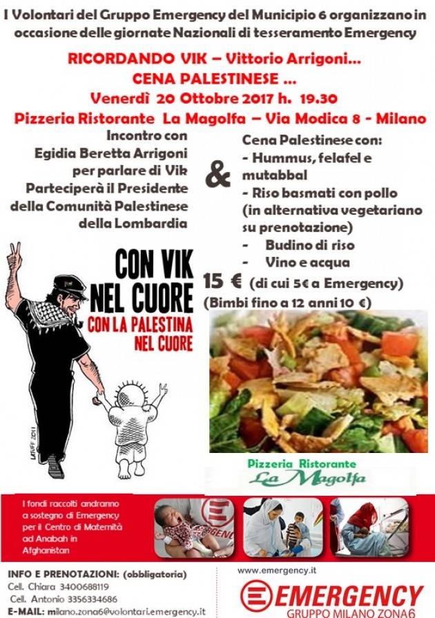  Milano La cena palestinese di Emergency 'Ricordando Vik' il 20 ottobre