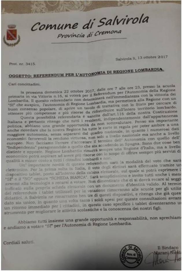 Denuncia di Jacopo Bassi Referendum Autonomia Propaganda su carta intestata del  comune di Salvirola