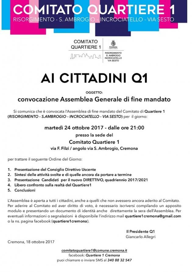 Cremona Quartiere 1 , il 24 ottobre alle 21 assemblea fine mandato e presentazione nuovi candidati