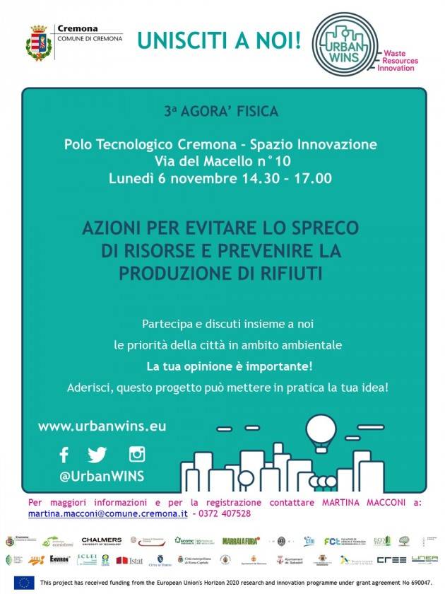 Comune di Cremona - Progetto UrbanWINS - III Agorà - SAVE THE DATE