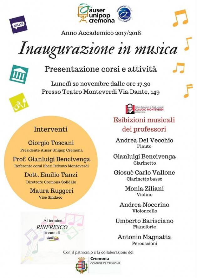L'Auser Unipop Cremona Inaugura con la musica l’anno 2017-2018 il 20 novembre