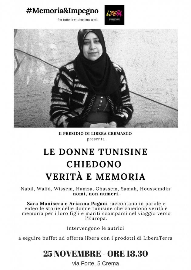 Crema  Incontro  LE DONNE TUNISINE CHIEDONO VERITÁ E MEMORIA