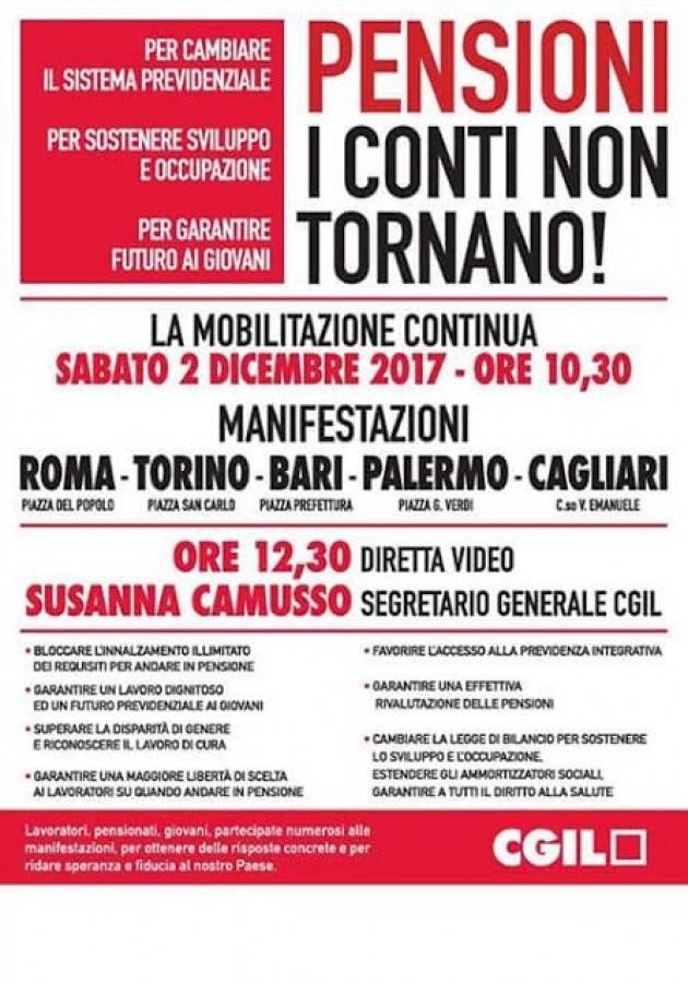 Cgil Cambiare le pensioni LE CINQUE PIAZZE DEL 2 DICEMBRE: Roma, Torino, Bari, Palermo e Cagliari