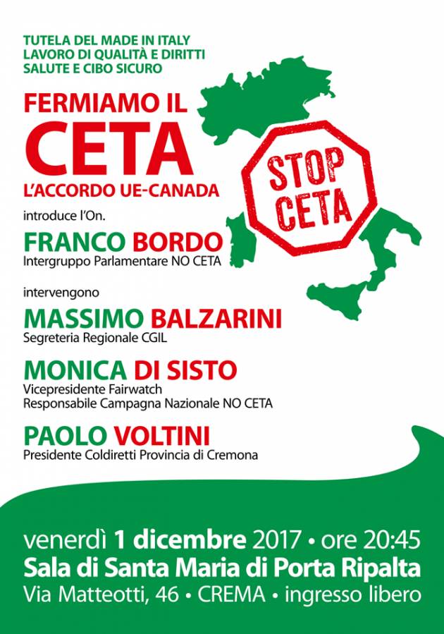 Franco Bordo (Art.1- MdP): ‘Fermiamo il CETA, a Crema una serata di approfondimento i 1° dicembre’