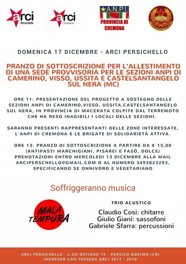 Al circolo Arci di Persichello DOMENICA 17 DICEMRE 2017 pranzo benefit per sede Anpi zone terremotate