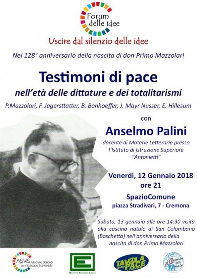 Testimoni di pace: venerdì 12 gennaio ore 21 a SpazioComune, Cremona