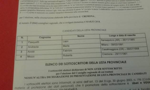 Cremona Pasquetti , Andreola, Aroldi  e Mozzi  candidati di Liberi e Uguali alla Regione Lombardia per il voto del 4 marzo