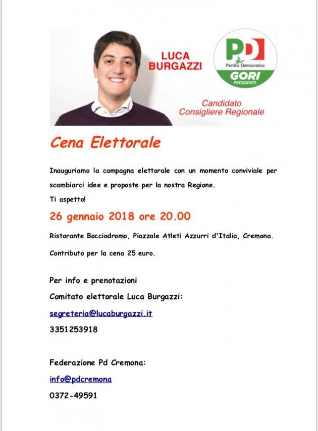 A cena con Luca Burgazzi (Pd) VENERDI 26 GENNAIO ore 20 - Ristorante Bocciodromo Cremona