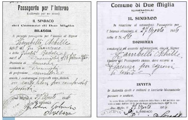 Non c’è futuro senza passato. Il passaporto di Achille Zambelli di LEO GRANATA ( Cremona)