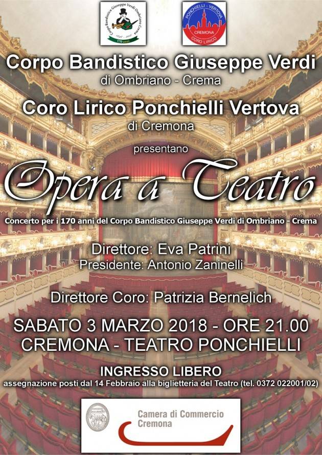 Il  Corpo Bandistico ‘Giuseppe Verdi’ di Ombriano – Crema al Ponchielli il 3 marzo
