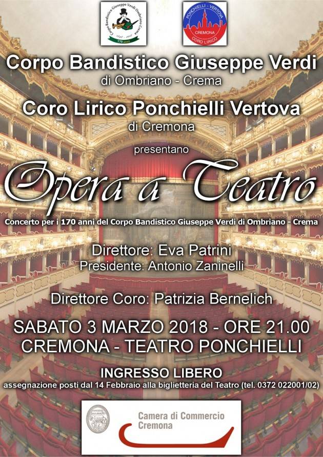 Il  Corpo Bandistico ‘Giuseppe Verdi’ di Ombriano – Crema al Ponchielli il 3 marzo