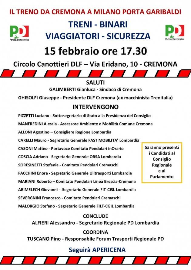 Iniziativa PD Cremona Treni , sicurezza dei viaggiatori e sui binari per giovedì 15 febbraio