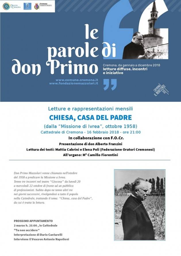 Cremona Le Parole di don Primo, venerdì 16 febbraio la prima lettura