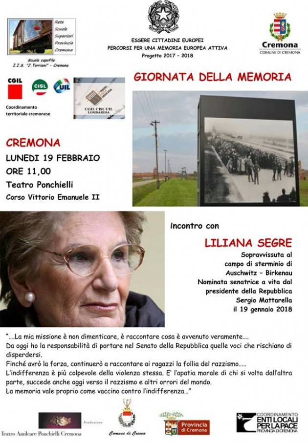 La neo Sen.Liliana Segre a Cremona Lunedì 19 febbraio –ore 11 al Teatro Ponchielli