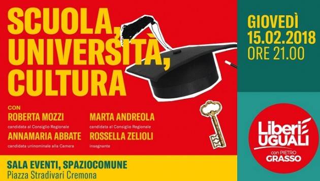 Liberi e Uguali stasera, giovedì 15 febbraio alle ore 21,iniziativa sulla scuola