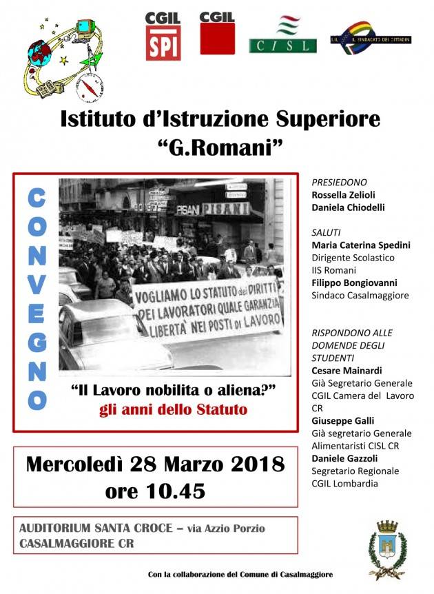 Casalmaggiore IL LAVORO NOBILITA’ O ALIENA Incontro con gli studenti del Romani il 28 marzo