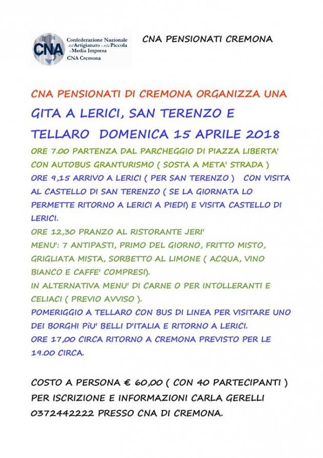 CNA  Pensionati  domenica 15 aprile la gita a Lerici e Tellaro