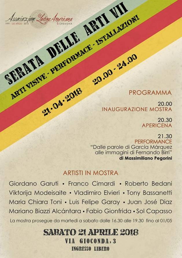 VII Serata delle Arti Organizzato da Ala Cremona fino al 1 maggio 2018