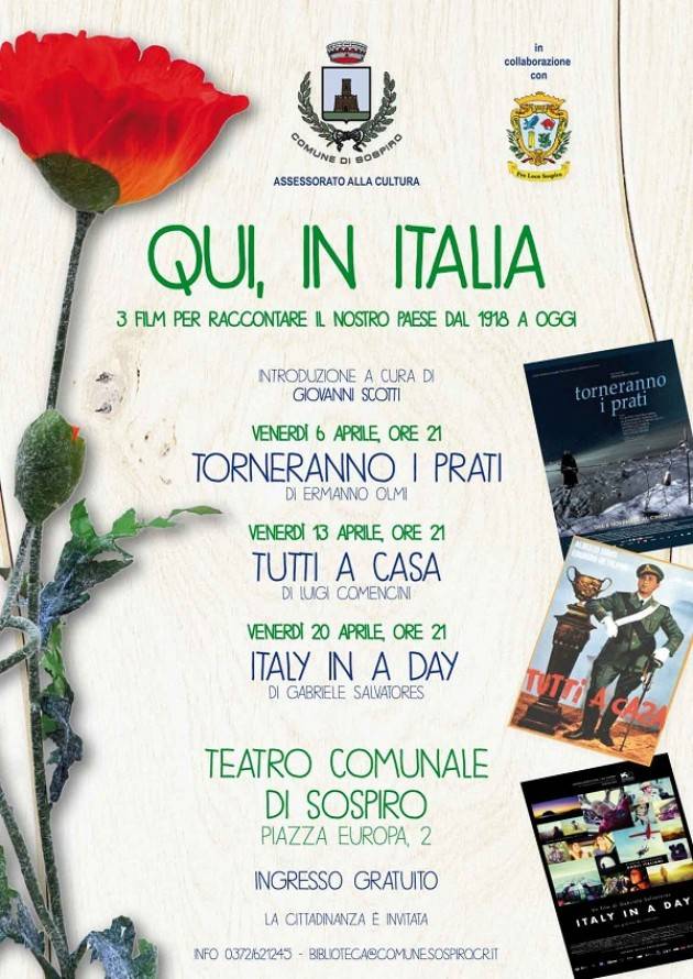 SOSPIRO rassegna cinematografica  ‘QUI, IN ITALIA - 3 film per raccontare il nostro Paese dal 1918 a oggi’