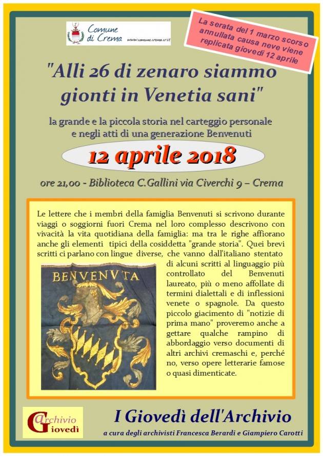 Crema Quarto ed ultimo appuntamento della rassegna in Biblioteca: I Giovedì dell'Archivio il 12 aprile