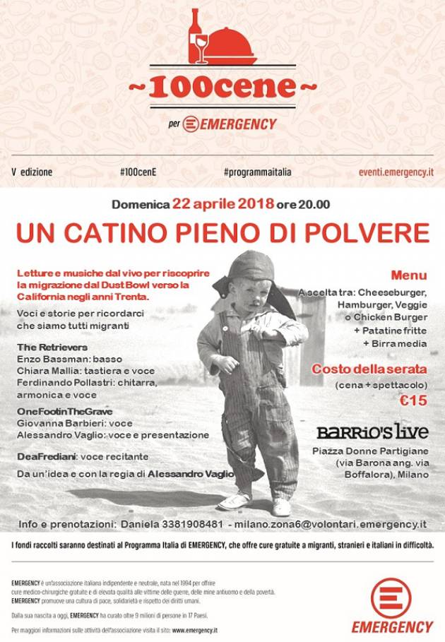 'Un catino pieno di polvere': cena-spettacolo per Emergency