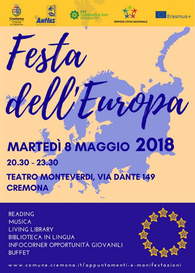 Cremona: martedì 8 maggio al Teatro Monteverdi la Festa dell’Europa