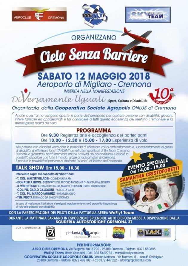 Samantha Cristoforetti a Cremona per Cielo senza barriere 2018 sabato 12 maggio
