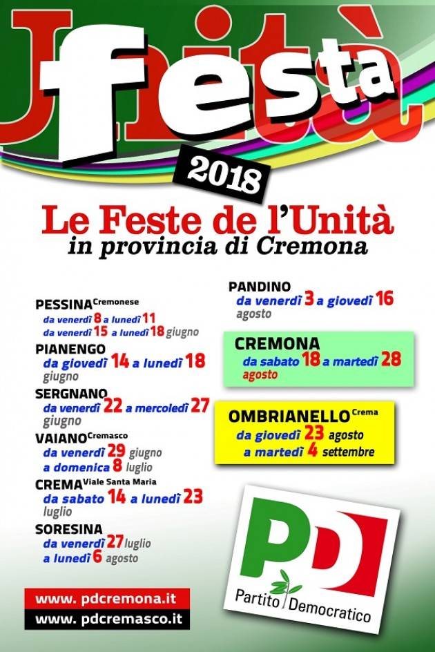 Estate 2018: tra giugno e settembre torna l’appuntamento con le Feste dell’Unità nella provincia di Cremona