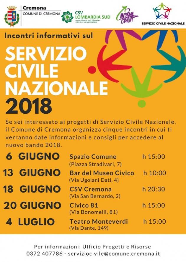 Cremona: 5 incontri per conoscere i progetti del Servizio Civile Nazionale il 6-13-18-20 giugno e 4 luglio