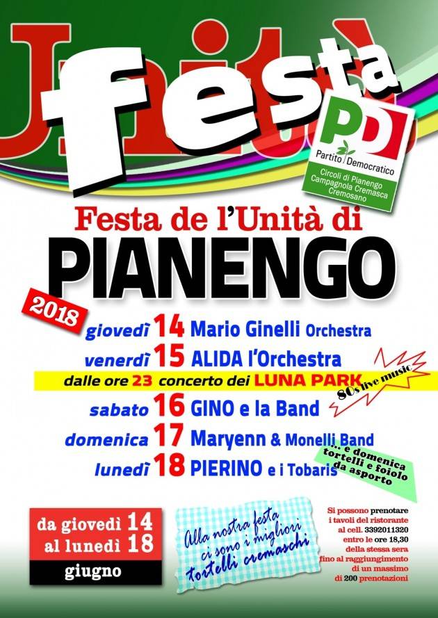 Feste dell’Unità 2018 .  A Pianengo  dal 14 al 18 giugno