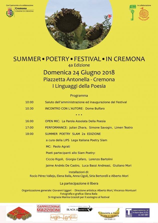 Cremona: domenica 24 giugno 'Summer Poetry Festival In Cremona'