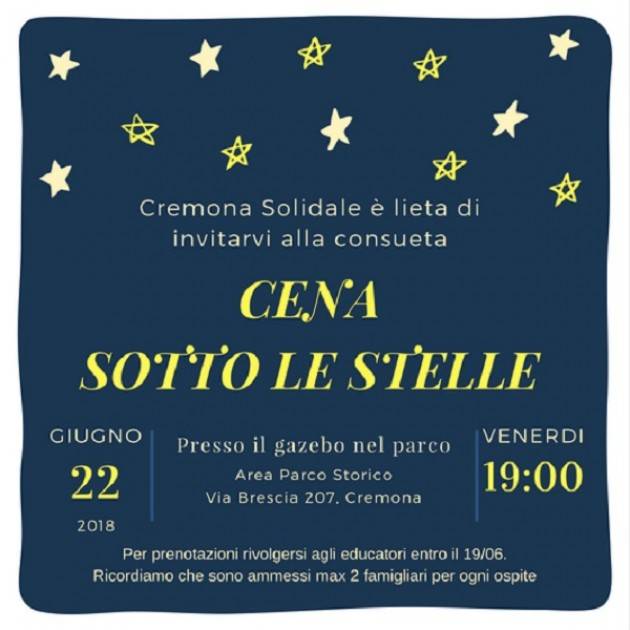  Cremona: 'Cena Sotto le Stelle' venerdì 22 giugno