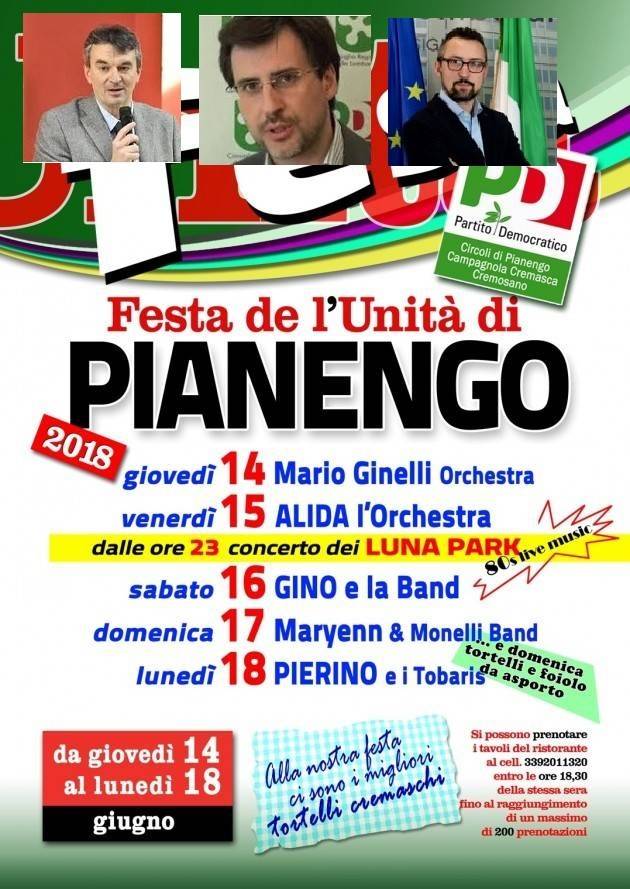 Pianengo. Giovedì 14 si apre la Festa dell’Unità con Fabio Pizzul, Carlo Borghetti e Matteo Piloni