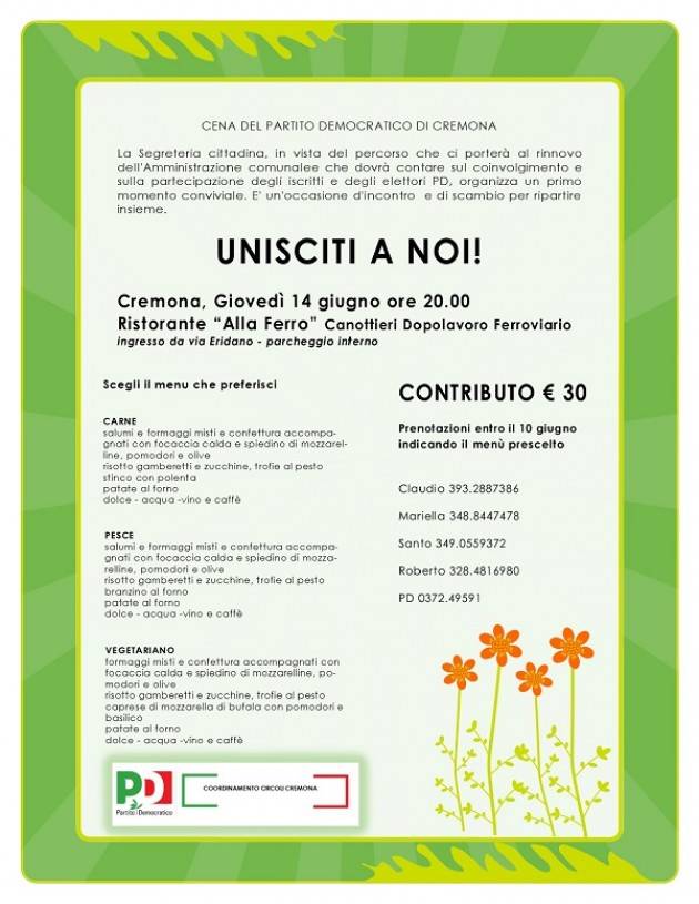 Cremona Cena del Partito Democratico  di giovedì 14 giugno alle ore 20