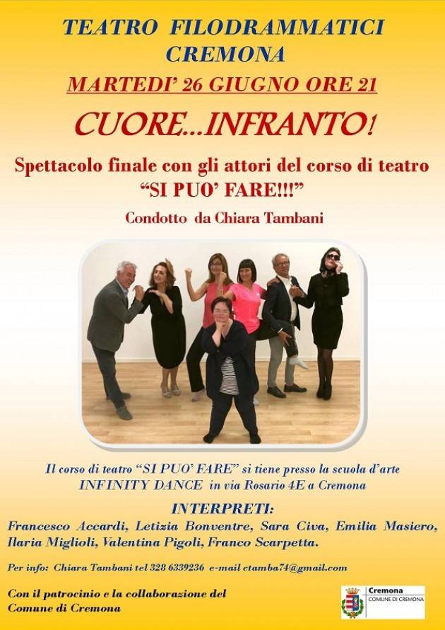 Lo spettacolo ‘Cuore Infranto’ il prossimo 26 Giugno al teatro Filodrammatici di Cremona.