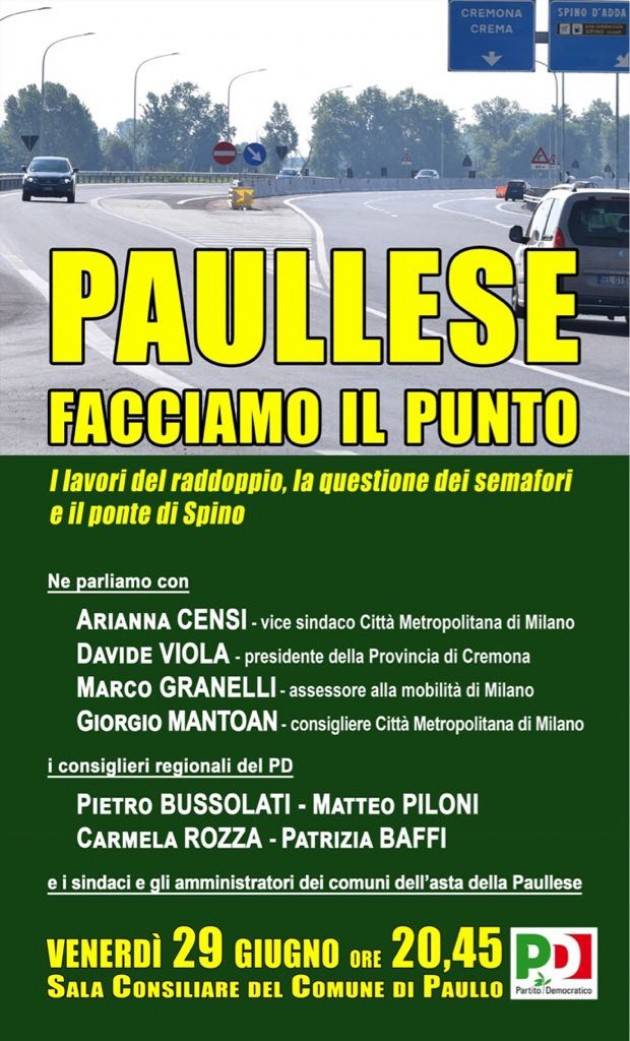 Paullese. Facciamo il punto! Venerdì 29 giugno ore 20.45. Sala consiliare, Comune di Paullo.