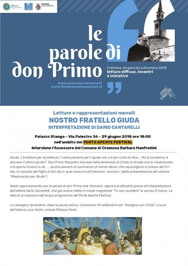 Cremona: 29/6 6° appuntamento con 'Le parole di don Primo' e Dario Cantarelli