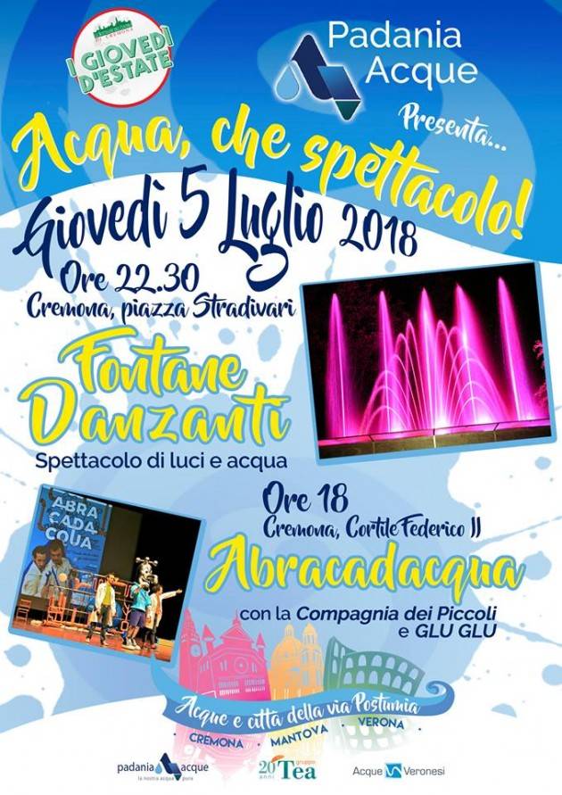 Padania Acque ai Giovedì d’Estate Il  5 luglio, Acqua che spettacolo!