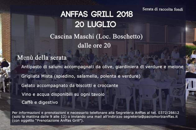 Anffas Cremona Onlus organizza: ANFFAS GRILL 2018 20 luglio 2018 dalle ore 20 alle 24