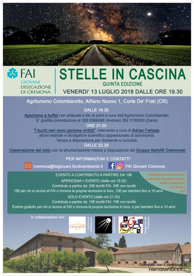STELLE IN CASCINA - V EDIZIONE Venerdì 13 luglio ore 21 - Agriturismo Colombarotto, Alfiano Nuovo 1, Corte de’ Frati (CR)