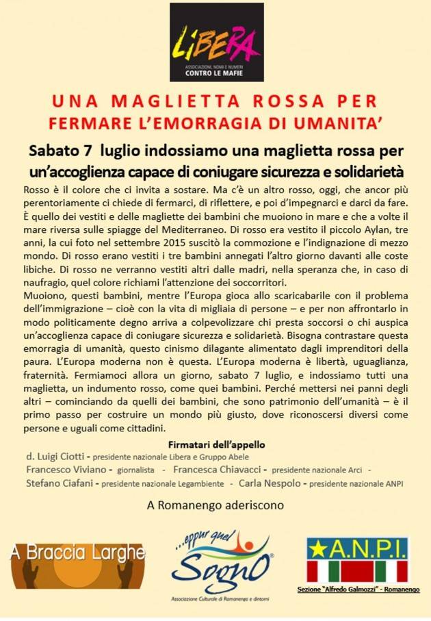 LIBERA contro le mafie ,una maglietta rossa per fermare l'emorragia di umanità