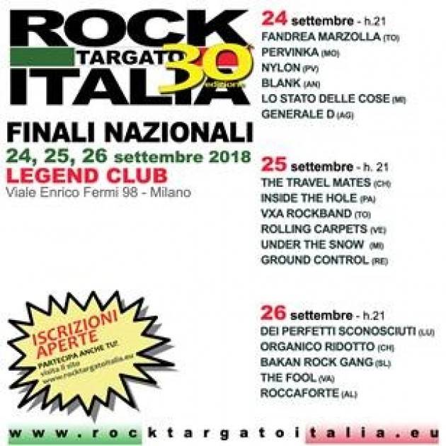 Milano nei giorni  24 – 25 – 26 settembre  2018 Finali Nazionali ROCK TARGATO ITALIA XXX Edizione