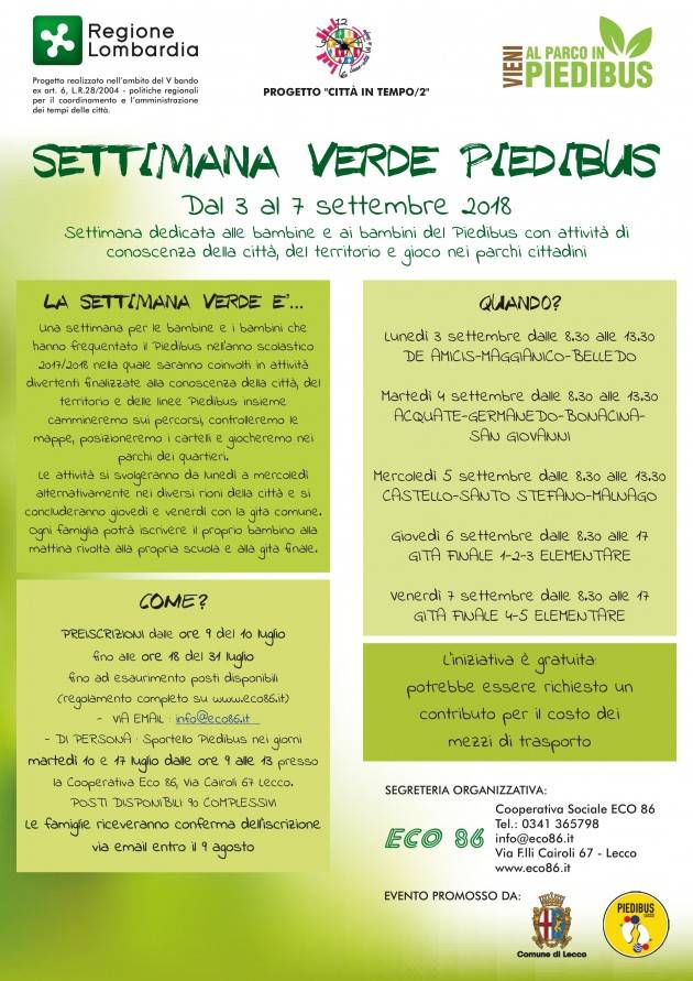 Lecco Settimana verde Piedibus dal 3 al 7 settembre : occorre iscriversi entro il 31 luglio 