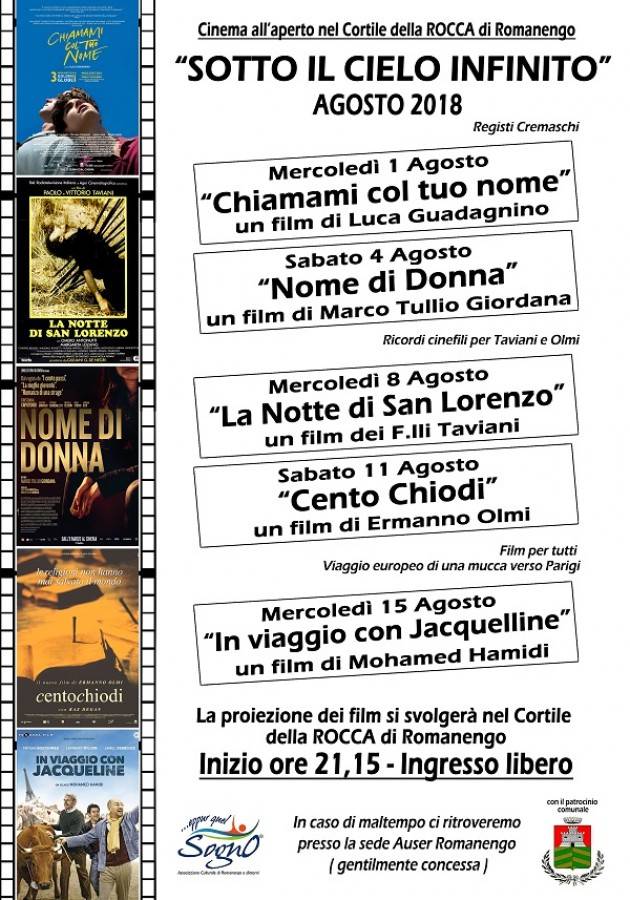 Con agosto è tempo anche di cinema all’aperto a Romanengo.Proiezione del 15 agosto