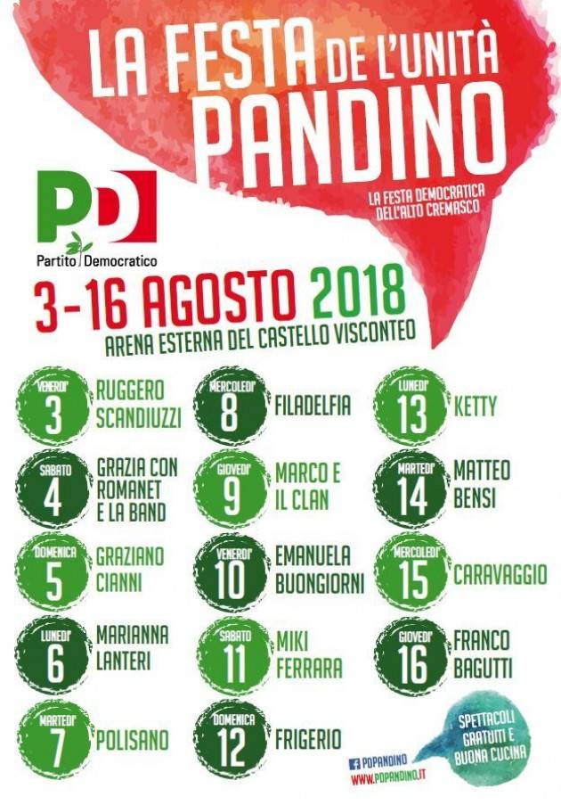 Feste dell’Unità del PD. Soresina chiude il 6 agosto . Pandino ha aperto il 3 e termina il 16 agosto