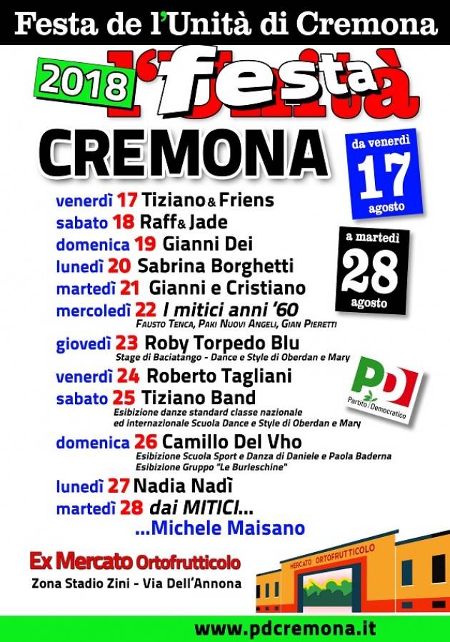 (Video) Il Sindaco Galimberti apre  venerdì 17 agosto la festa dell’Unità di Cremona
