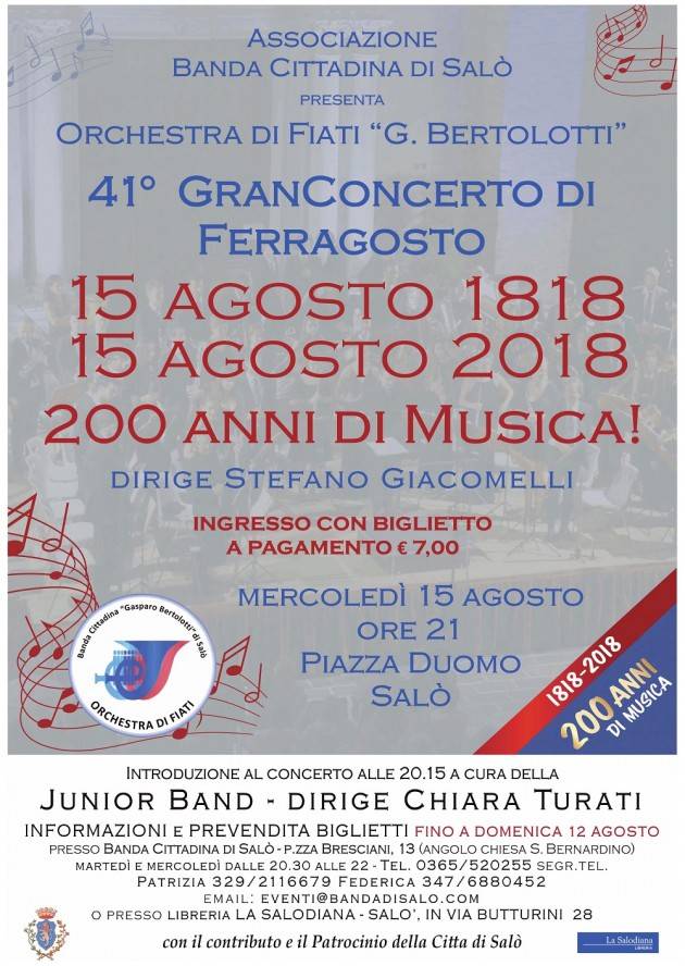 Gran Concerto di Ferragosto a Salò per i 200 anni della banda cittadina