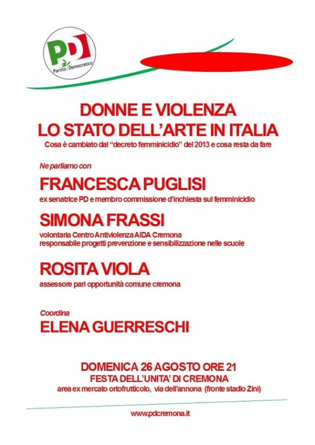 Cremona: domenica 26/8 l'iniziativa 'Donne e violenza -  Lo stato dell'arte in Italia' 