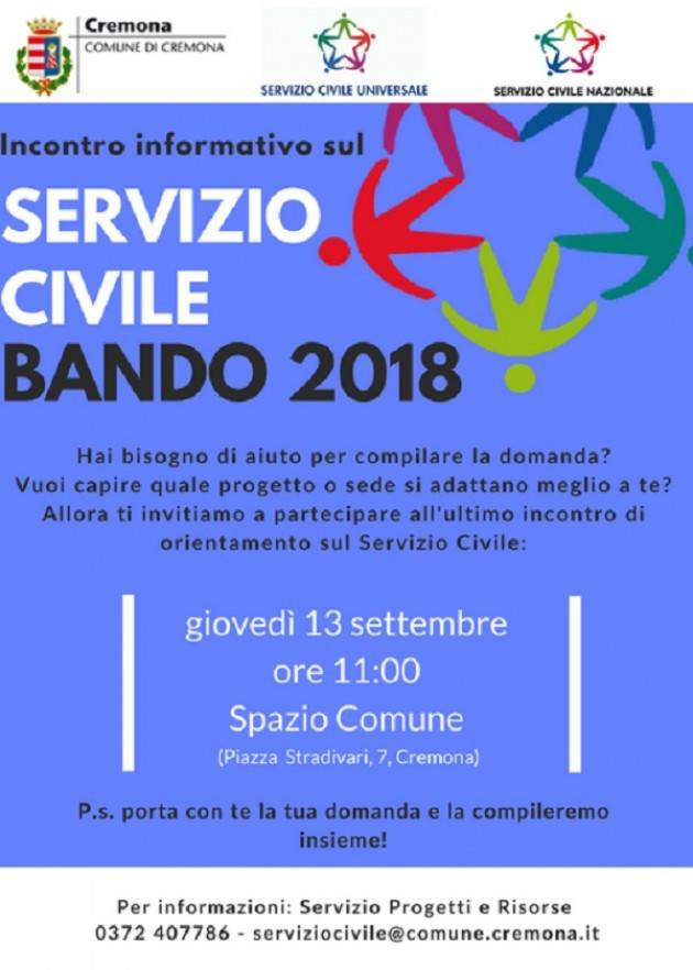 Cremona: Servizio Civile, ultimo incontro formativo giovedì 13 settembre